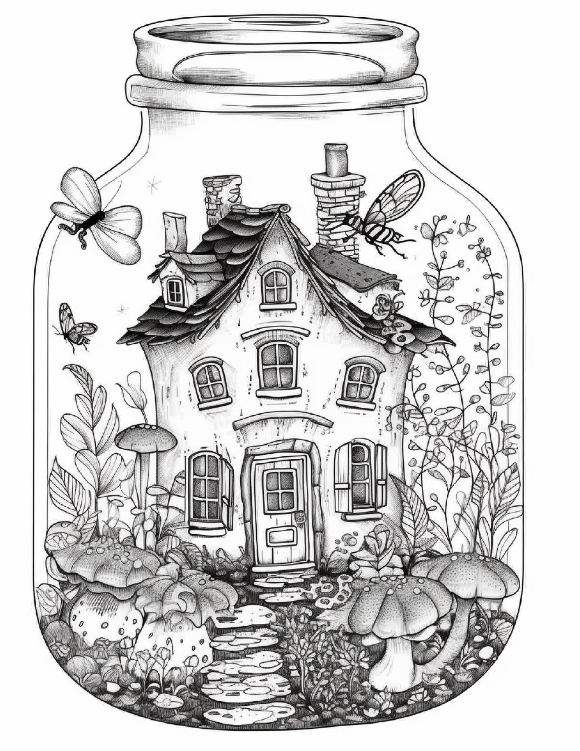 Printable fairy houses in jar coloring pages for adults grayscale â coloring