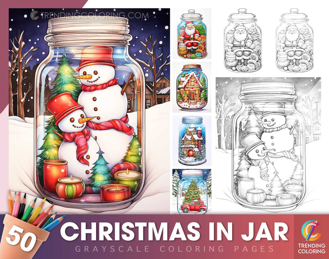 Christmas in jar grayscale coloring pages