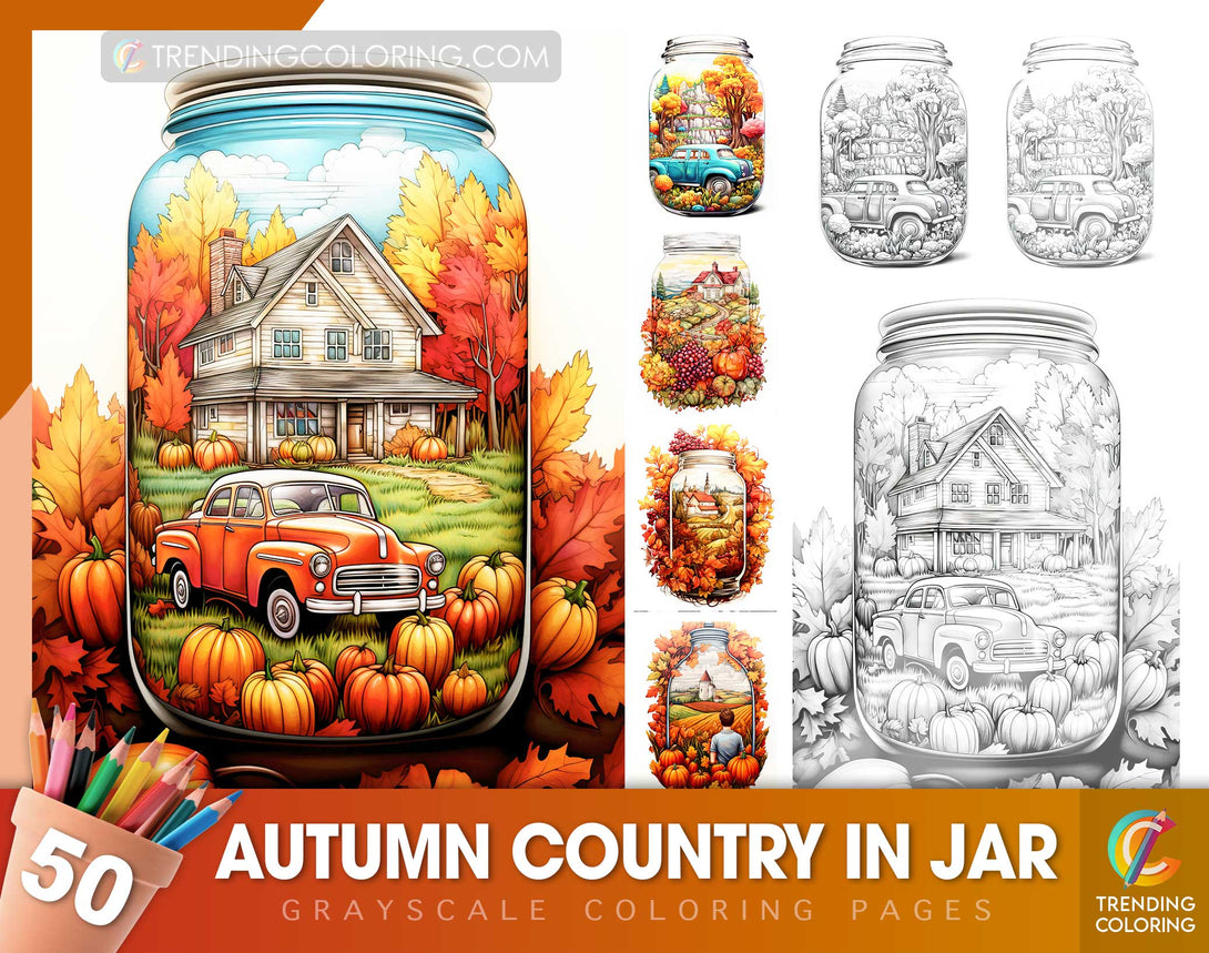 Autumn country in jar grayscale coloring pages