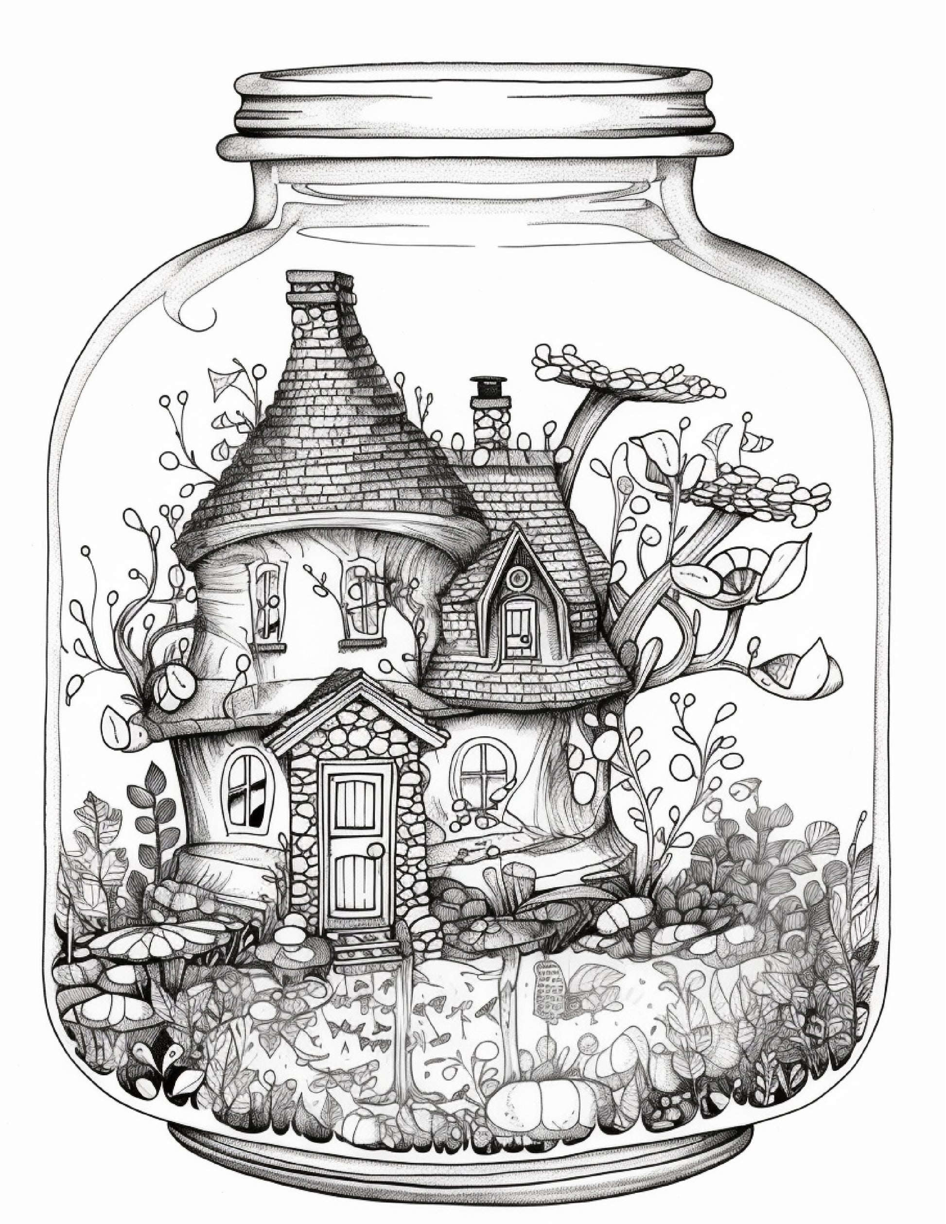 Printable fairy houses in jar coloring pages for adults grayscale â coloring