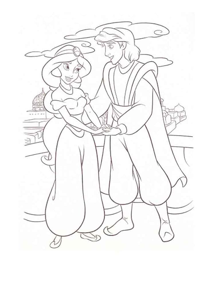 Aladdin with princess jasmine holding hands together coloring page