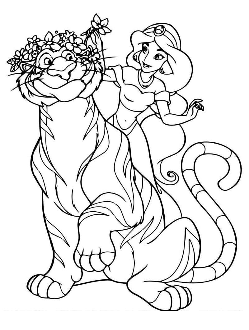 Princess jasmine and tiger rajah coloring page