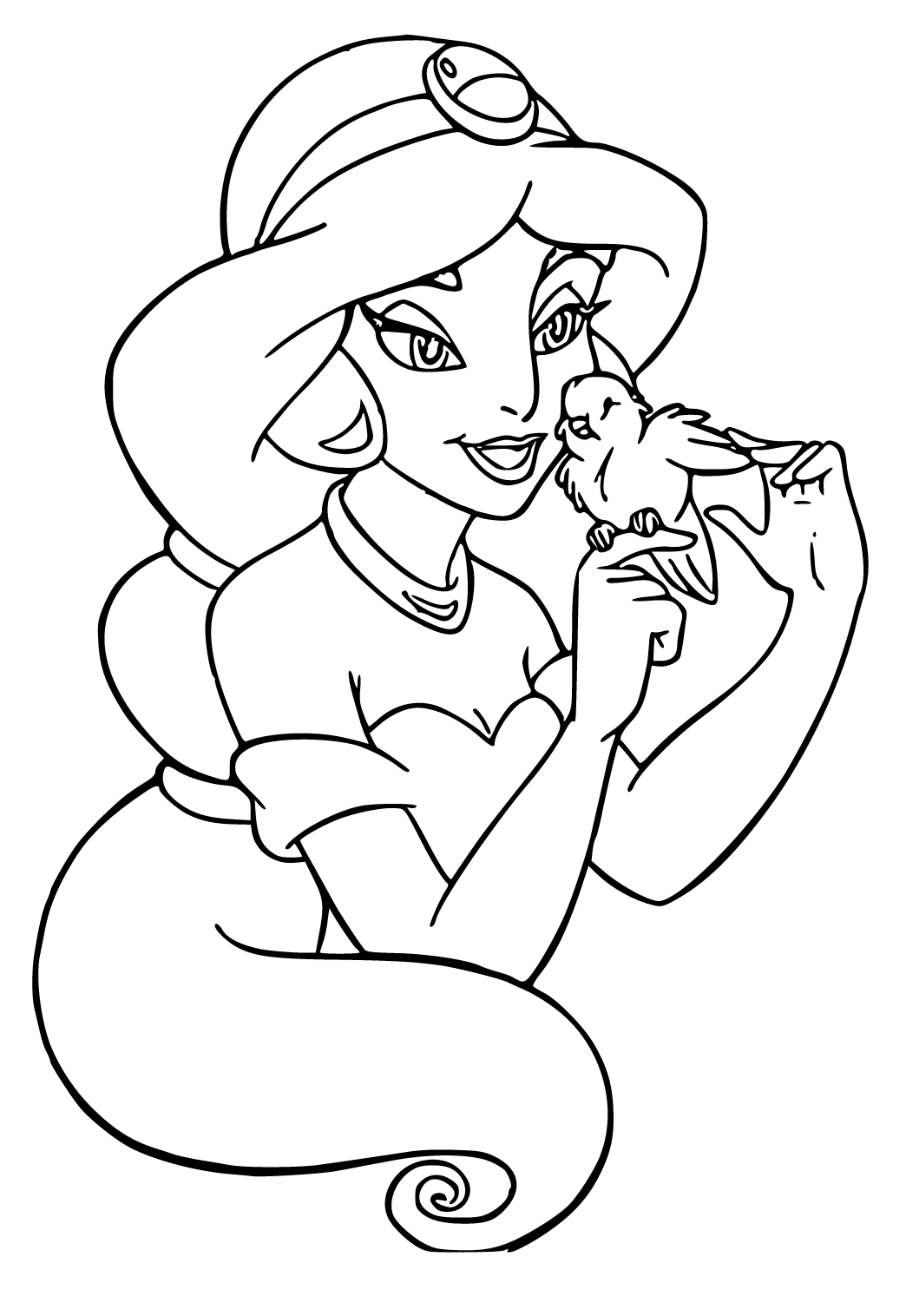 Free printable princess jasmine bird coloring page for adults and kids