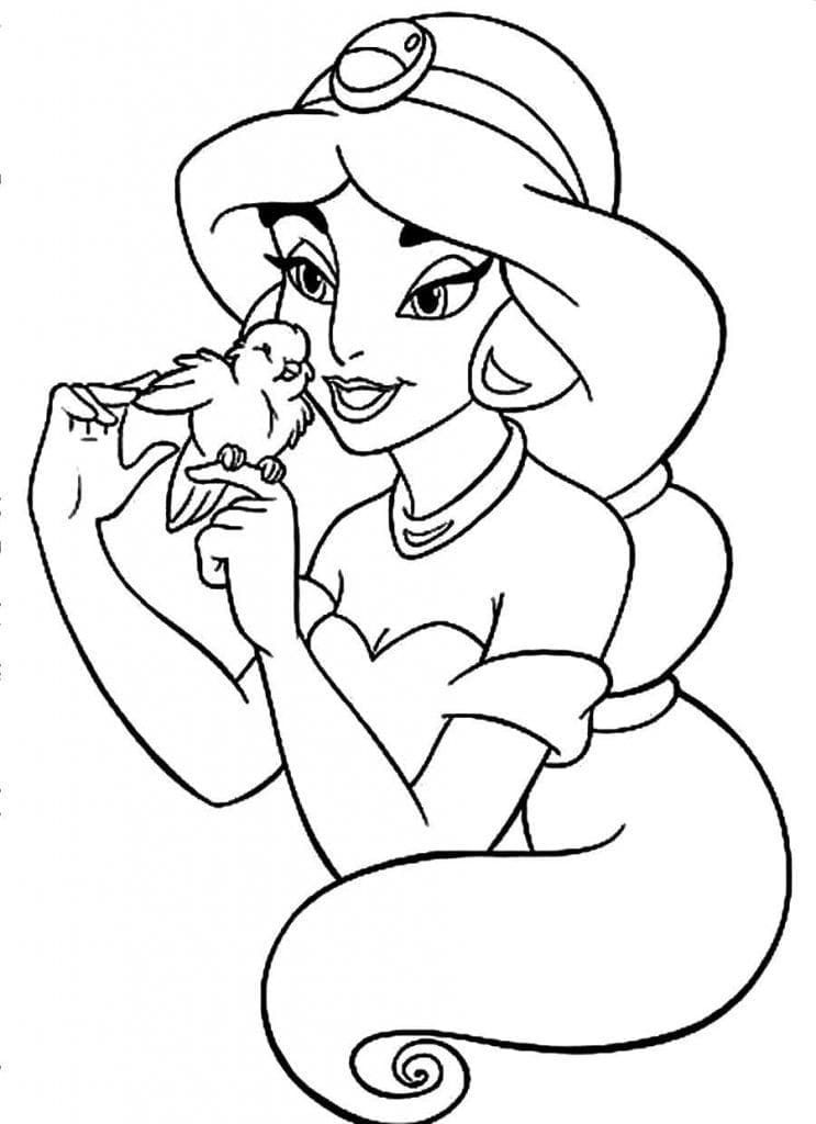 Jasmine and a bird coloring page