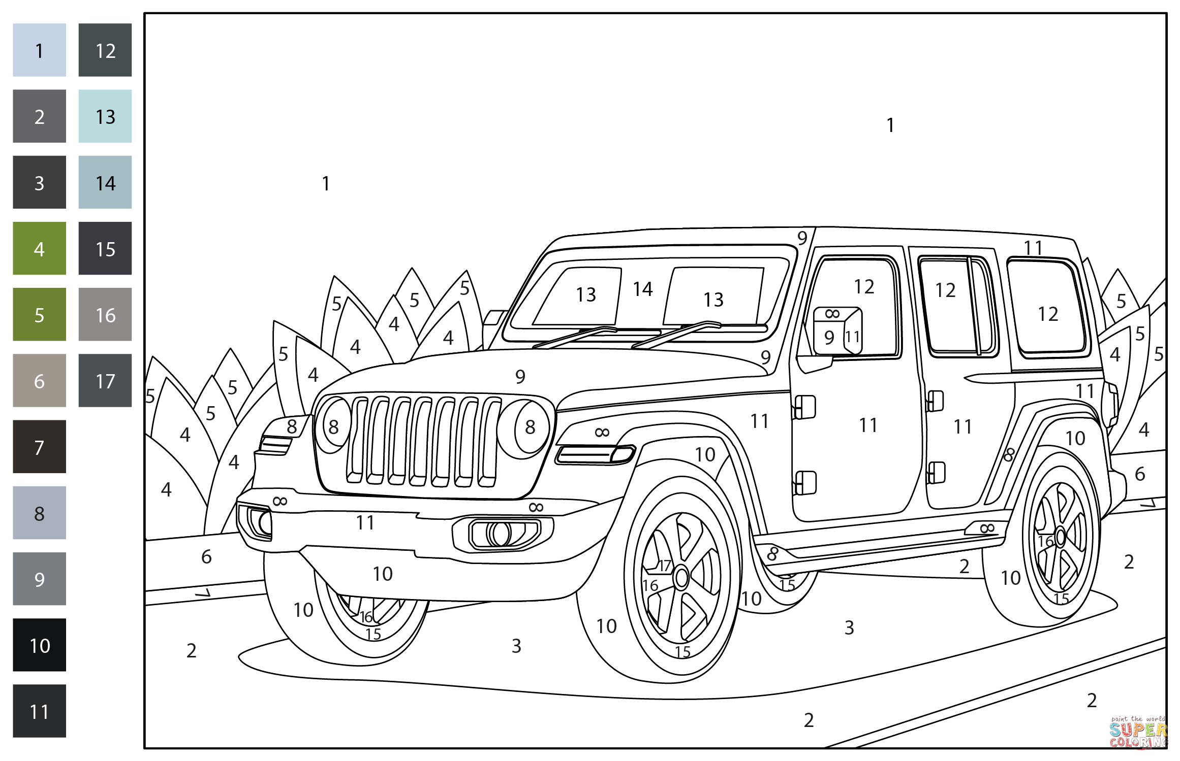 Jeep wrangler color by number coloring page free printable coloring pages