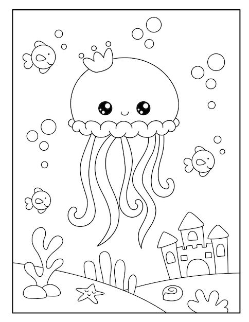 Premium vector cute jellyfish coloring page for kids