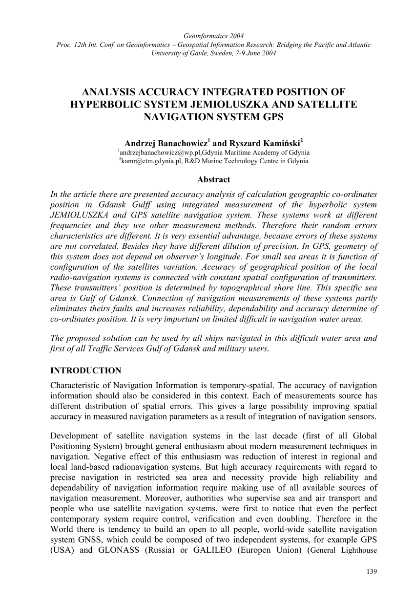 Pdf analysis accuracy integrated position of hyperbolic system jemioluszka and satellite navigation system gps