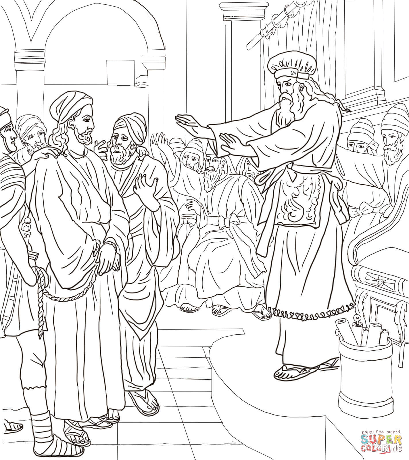 Jesus before caiaphas trial coloring page free printable coloring pages