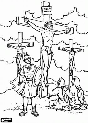 Jesus crucified between two thieves on calvary under the supervision of a roman soldier coâ sunday school coloring pages bible coloring pages christian coloring