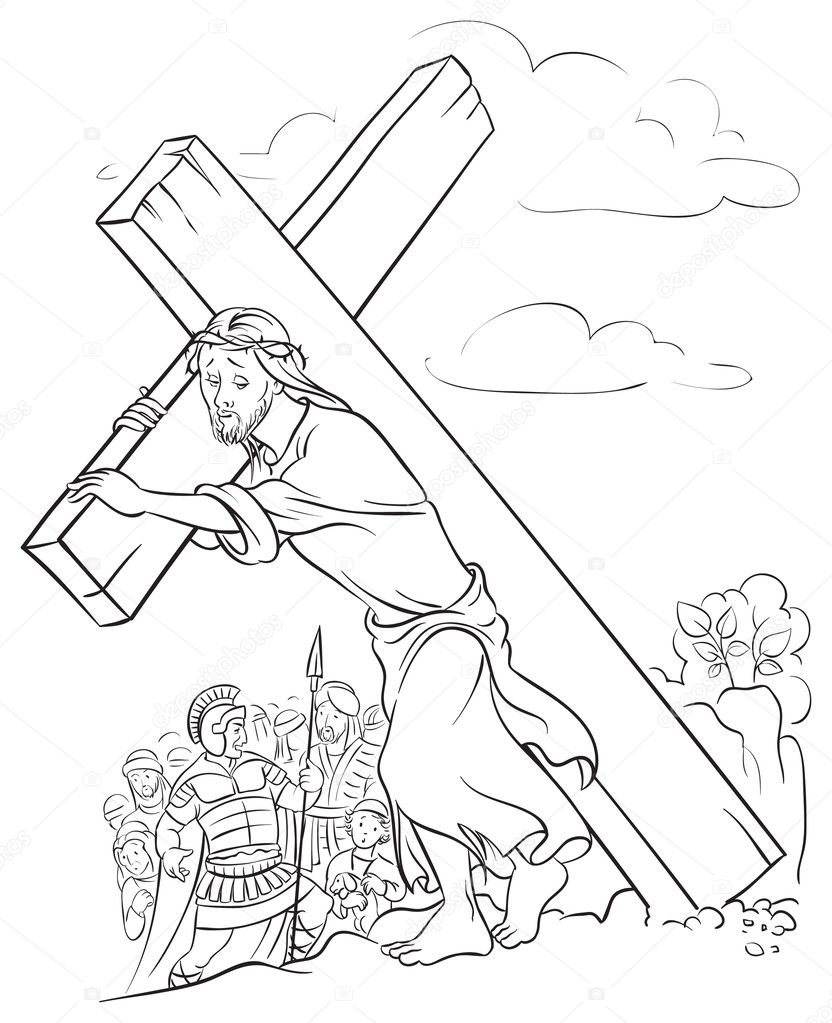 Ilustraciãn en blanco y negro de jesucristo cargando la cruz vector de stock de aura