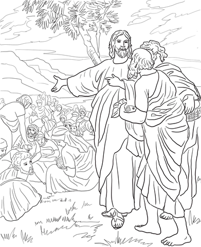 Jesus feeds the multitude with fish and bread coloring page free printable coloring pages