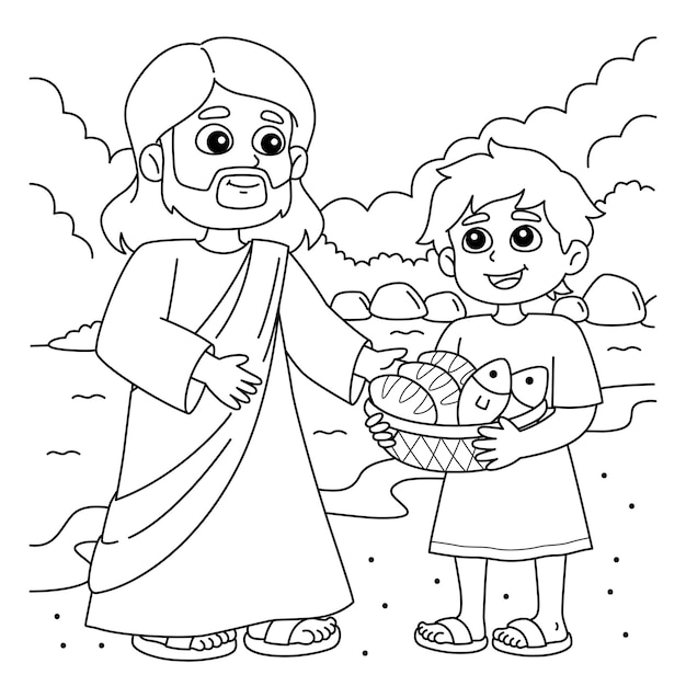 Premium vector christian jesus feeds people coloring page