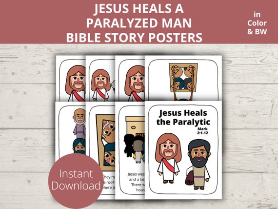 Jesus heals paralytic jesus heals paralyzed man bible story poster bible coloring pages for kid miracles of jesus church bulletin board