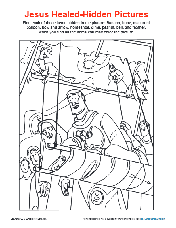 Jesus healed the paralytic hidden pictures bible coloring page