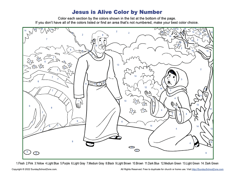 Jesus is alive color by number activity on sunday school zone