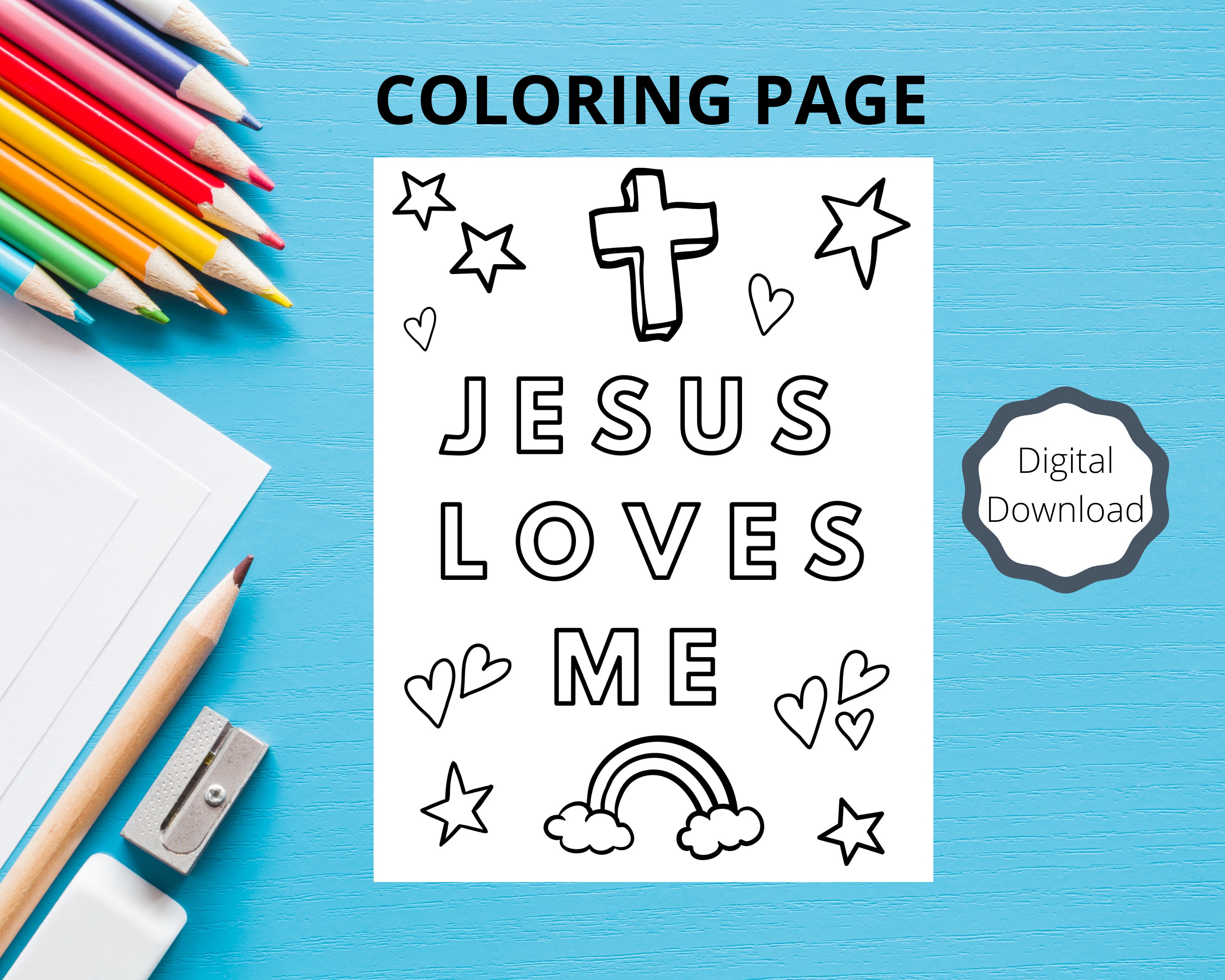 Kids coloring page jesus loves me christian coloring page bible verse faith coloring page for kids download now