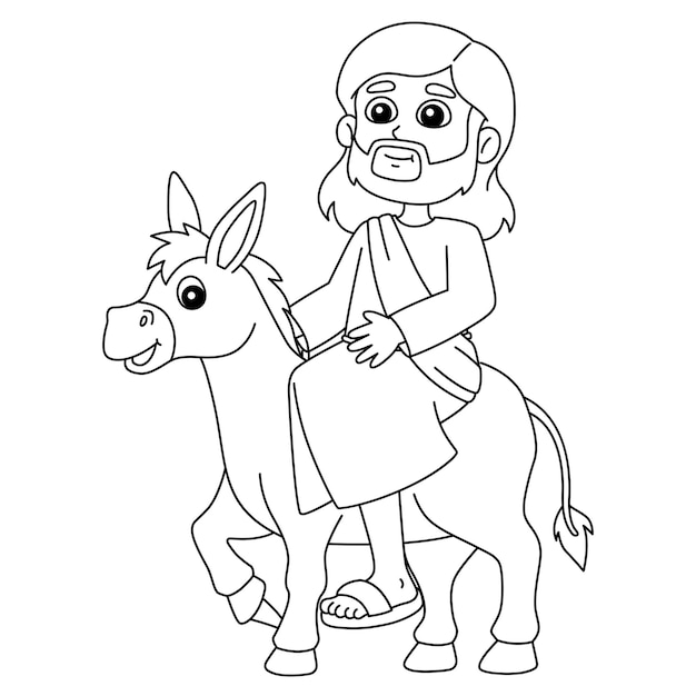 Premium vector jesus riding donkey isolated coloring page