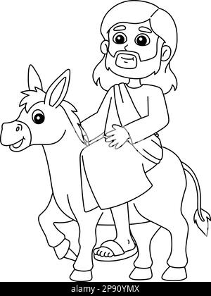 Jesus riding donkey isolated coloring page stock vector image art