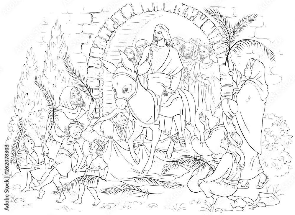 Entry of our lord into jerusalem palm sunday coloring page jesus christ riding a donkey crowds wele him with palm fronds spread clothes before him vector