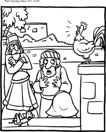 Coloring page of rooster and peter denying jesus