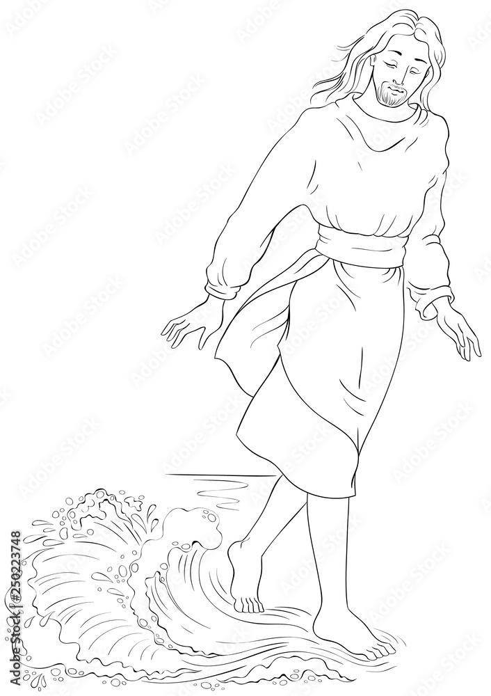 Bible story jesus walking on water vector cartoon christian coloring page vector