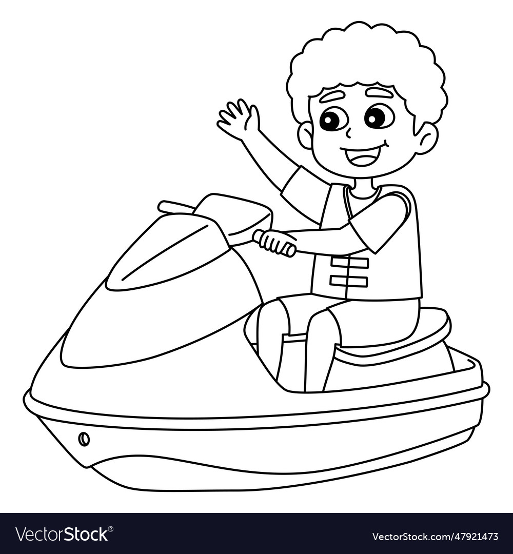 Boy riding a jet ski summer isolated coloring page