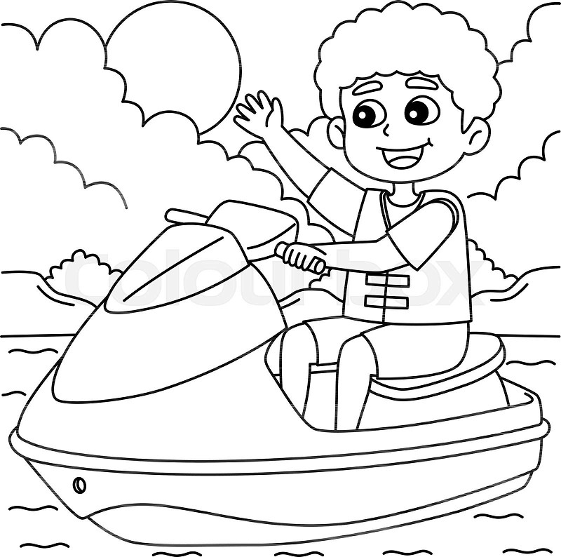 Boy riding a jet ski summer coloring page for kids stock vector