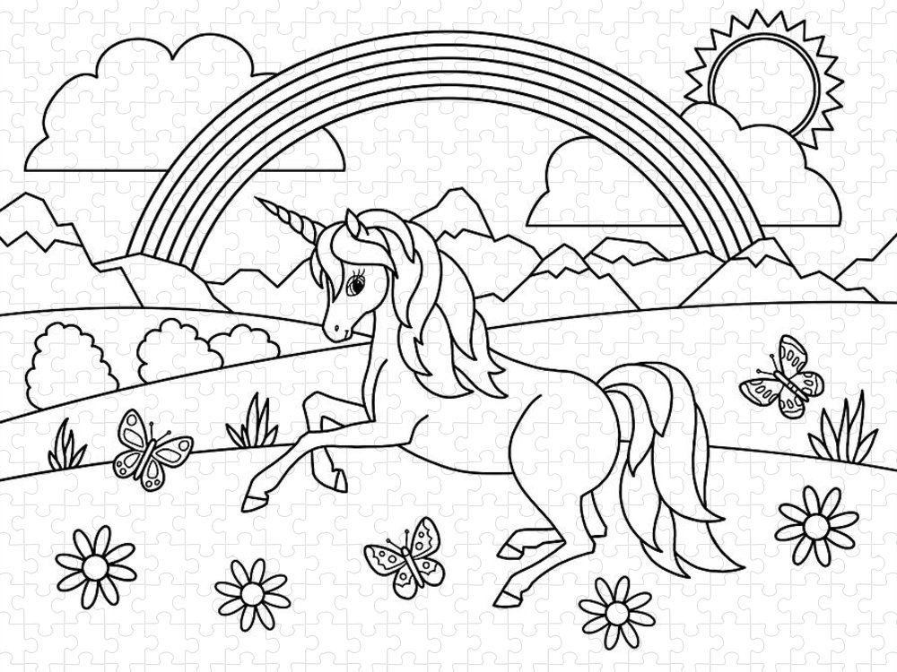 Kids rainbow unicorn coloring page jigsaw puzzle by crista forest