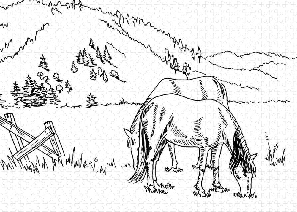 Horses on the ranch ink drawing iv jigsaw puzzle by irina sztukowski