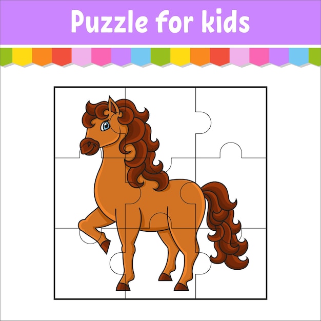 Premium vector puzzle game for kids cute horse farm animal jigsaw pieces color worksheet activity page