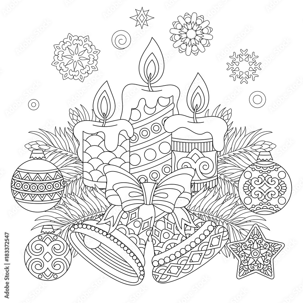 Christmas coloring page holiday decorations hanging balls candles jingle bells vintage snowflakes freehand sketch drawing for happy new year greeting card or adult antistress coloring book vector