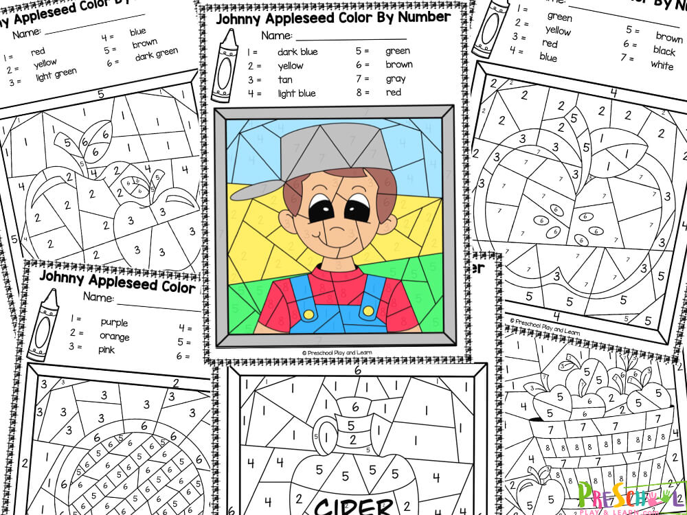 Free johnny appleseed color by number worksheets