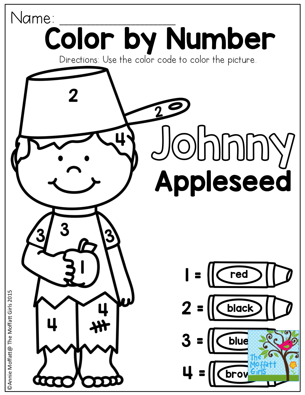 Color by number with johnny appleseed tons of fun printables to practice basic skills apple lessons apple seeds apple activities