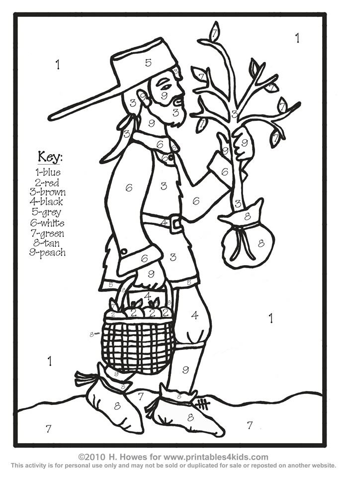 Johnny appleseed john chapman color by number â printables for kids â free word search puzzles coloring pages and other activities