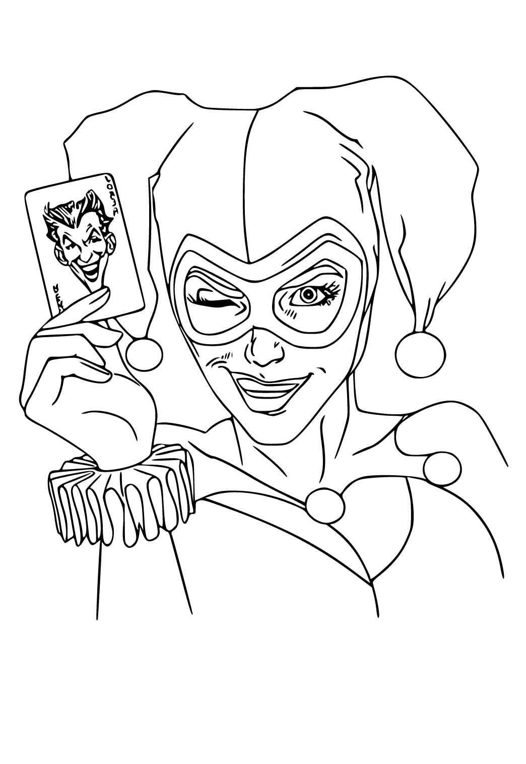 Free printable harley quinn joker coloring page for adults and kids