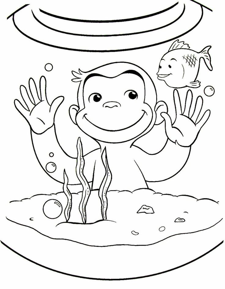 Curious george looking in the goldfish bowl printable coloring book page for kids curious george coloring pages owl coloring pages monkey coloring pages