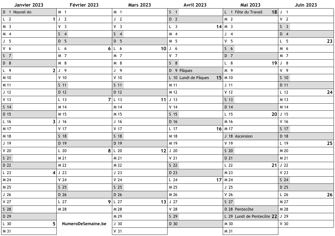 Calendrier avec jours fãriãs en lgique et numãro des semaines â impression gratuit download pdf