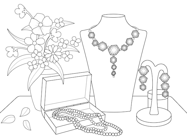 Premium vector children coloring showcase with jewelry fashion for gold