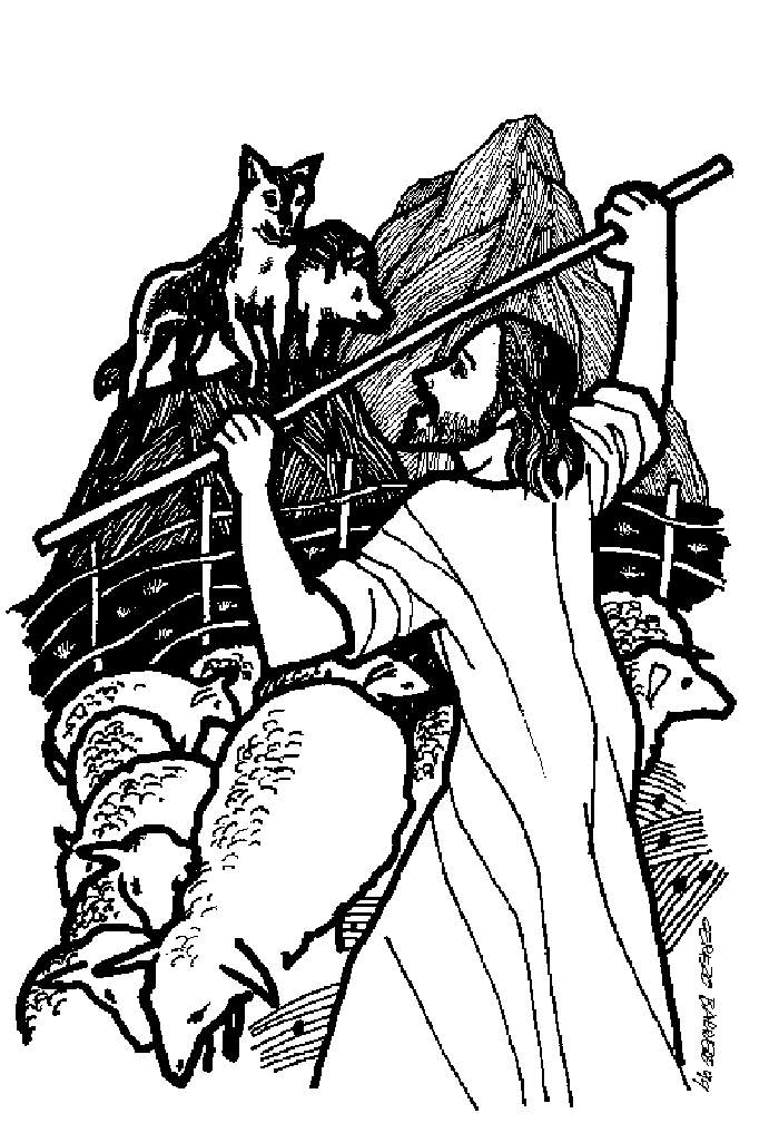 Shepherd protecting sheep coloring page