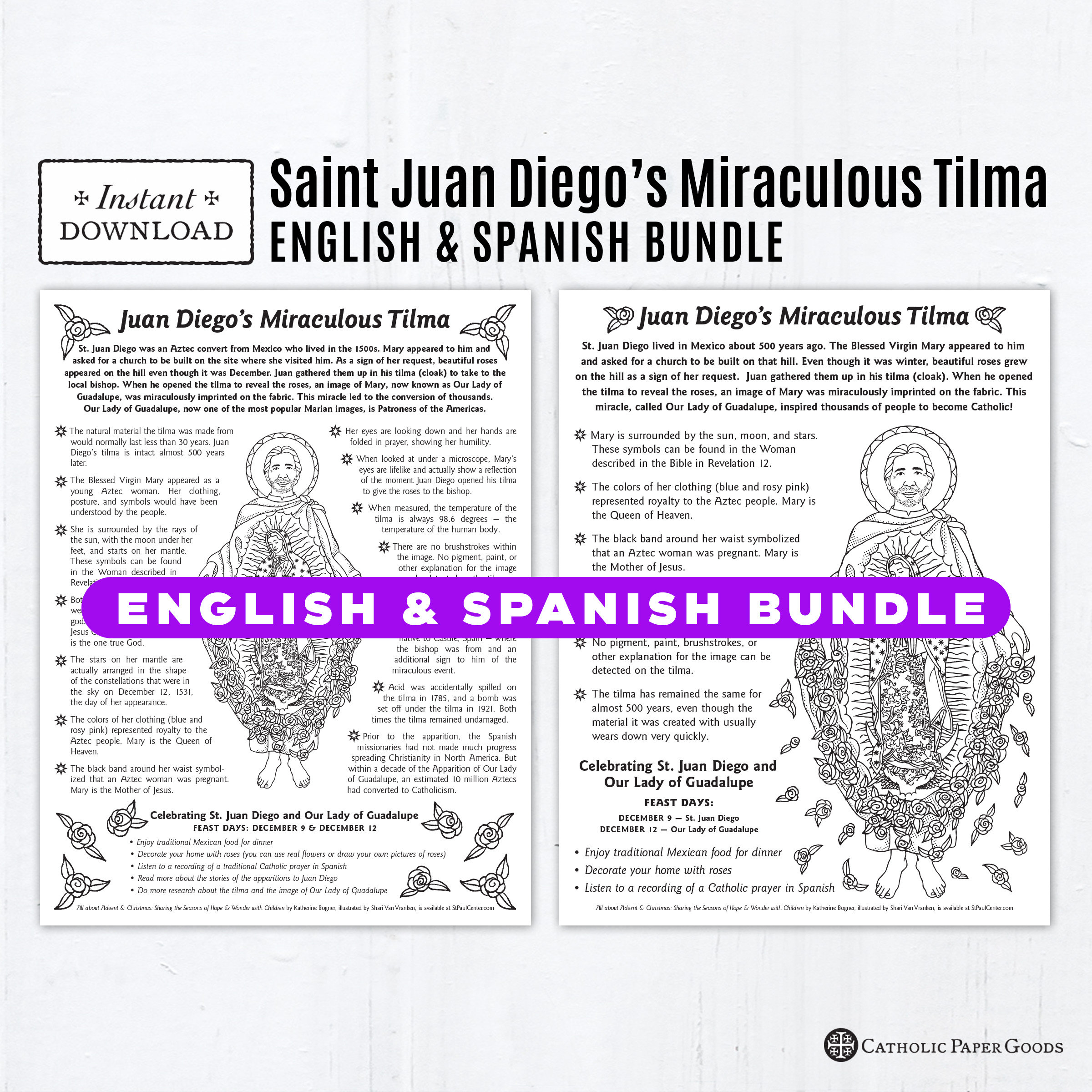 The miraculous tilma of juan diego in english spanish coloring page and fact sheet printable coloring pages inglãs y espaãol versiones