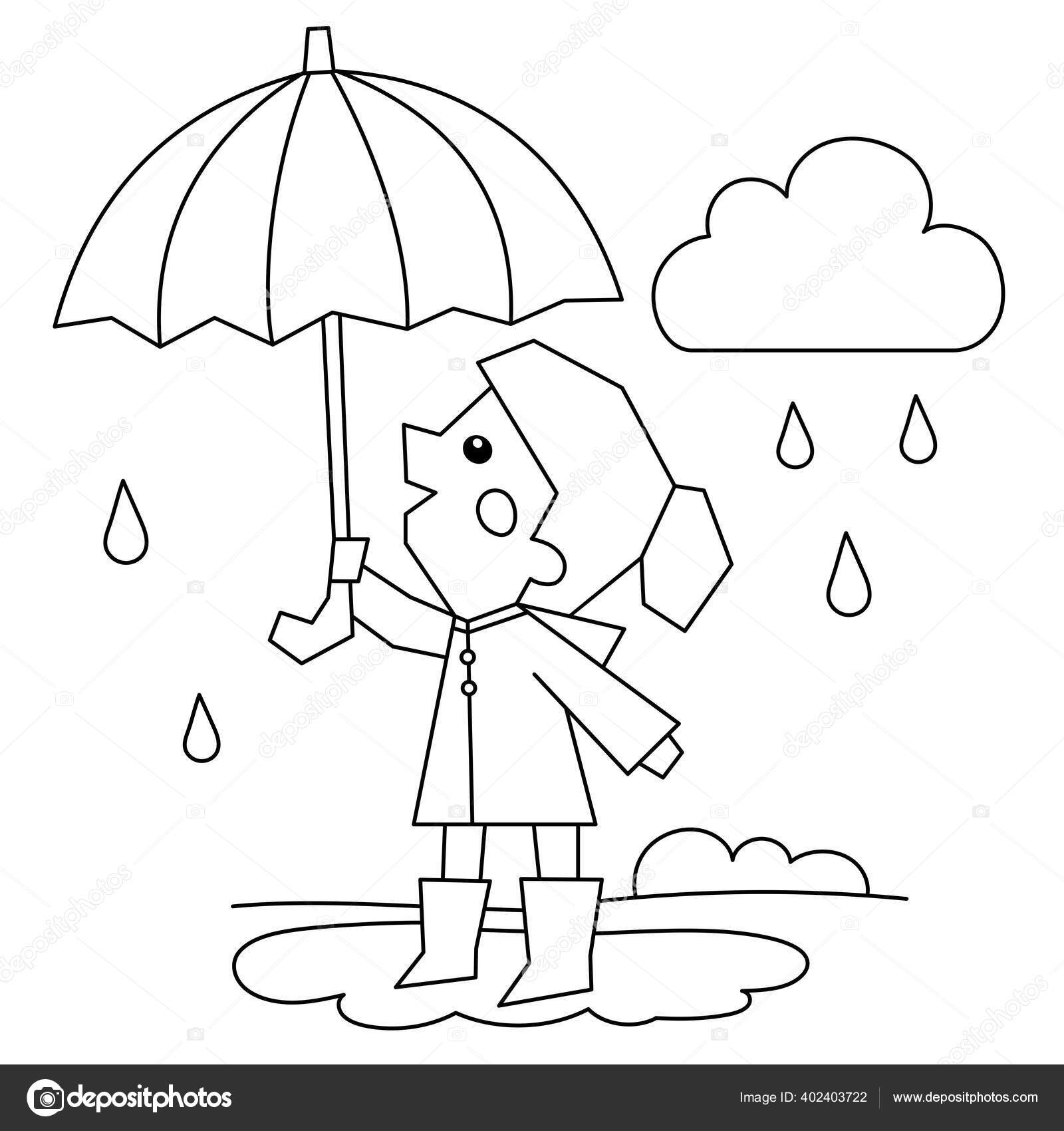 Pãgina para colorear esquema una chica caminando bajo lluvia libro vector de stock por oleon