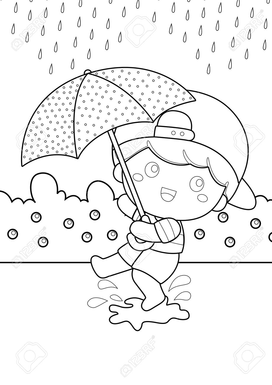 Kids playing at rain coloring pages for kids and adult stock photo picture and royalty free image image