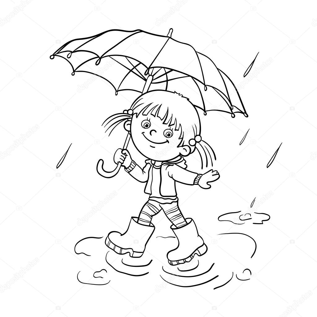 Pãgina para colorear esquema de una chica caminando bajo la lluvia vector de stock por oleon