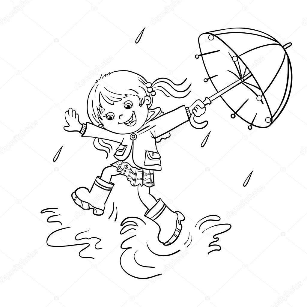 Pãgina para colorear esquema de una chica saltando bajo la lluvia vector de stock por oleon