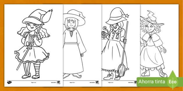 Hojas de colorear dibujos de brujas infantiles halloween