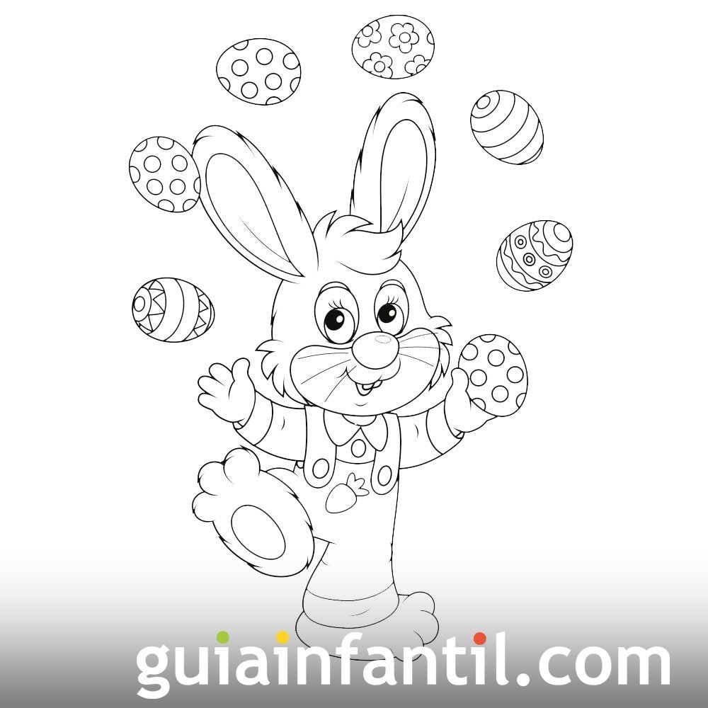 Conejo haciendo malabarismo con huevos de pascua