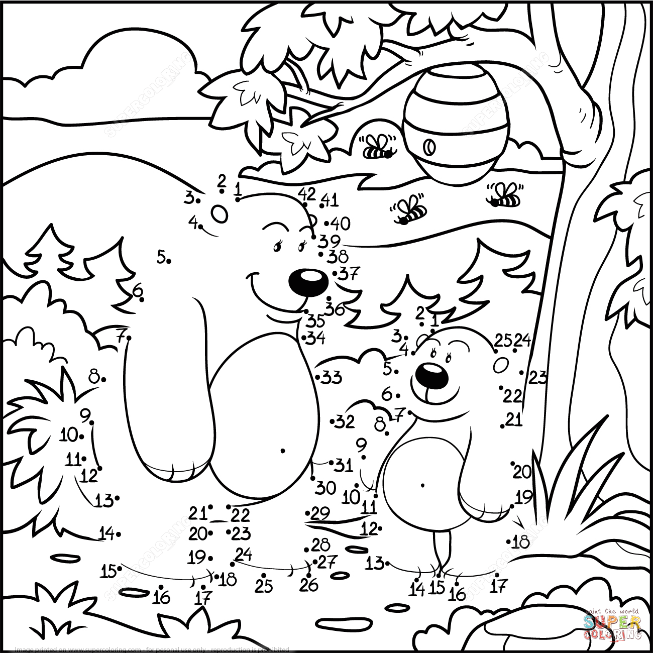 Dibujo de osos en un bosque para colorear unir puntos imprimir gratis