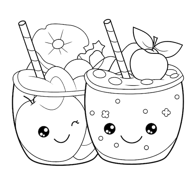 Premium vector cute fruit juice black and white coloring page for kids and adults line art simple cartoon style happy cute and funny