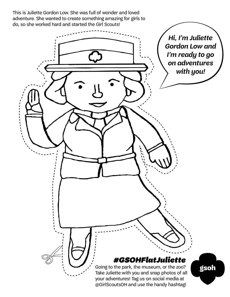 We love this flat juliette coloring page from gs of ohios heartland cut her out and take her on your gs â girl scouts girl scout camping brownie girl scouts
