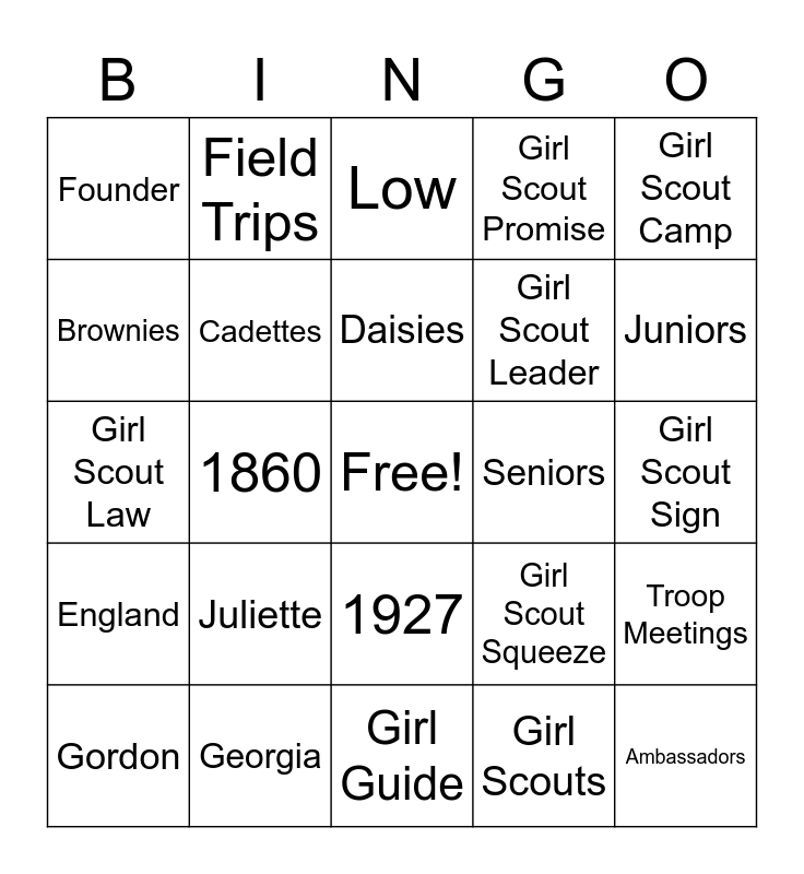 Juliette gordon low bingo card